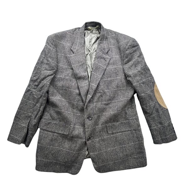 VTG Evan-Picone Blazer Mens 42 Herringbone Brown Plaid Wool Elbow Patch Made USA - Picture 1 of 14